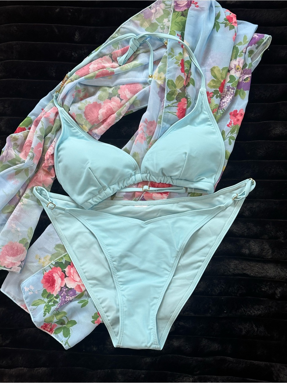 3 Piece Light Blue Bikini Set Floral Sheer Cover Up Wrap Size Small
